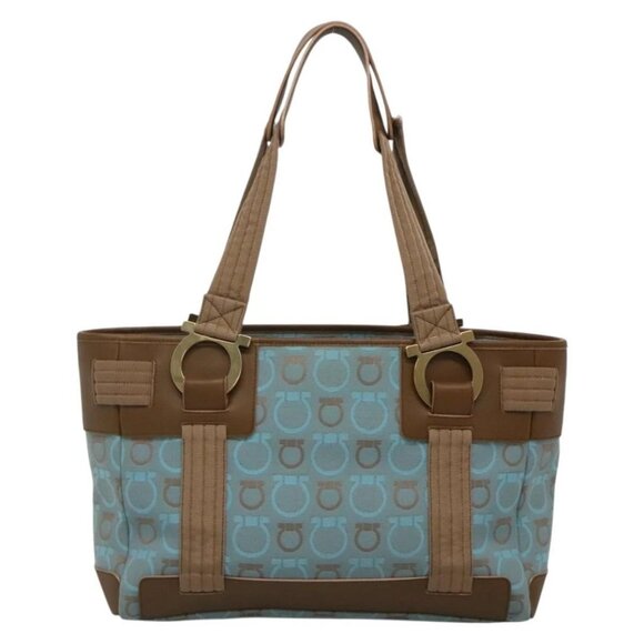 Salvatore Ferragamo Gancini Tote Bag Canvas Leather Light Blue Gold Auth gh706 - Picture 3 of 16